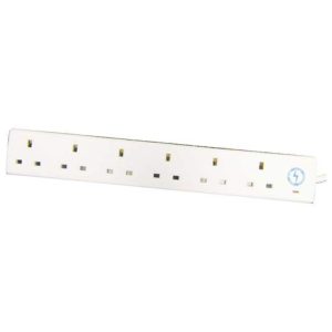 Pro Elec 2m 6 Gng Surge Protected Extension Lead White with Neon Indicator
