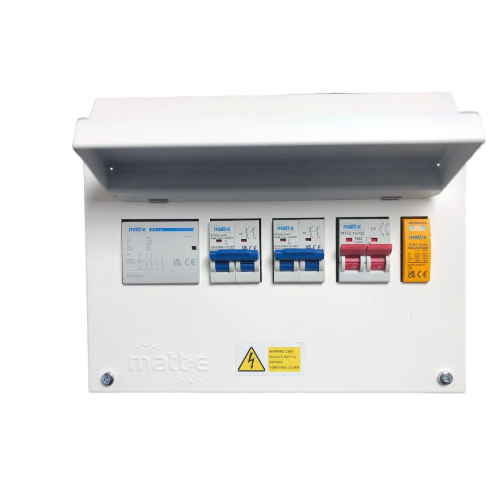 Single-phase unit for loads up to 7.4kW, with double pole MCB, Type 2 SPD, and load curtailment at 100A
