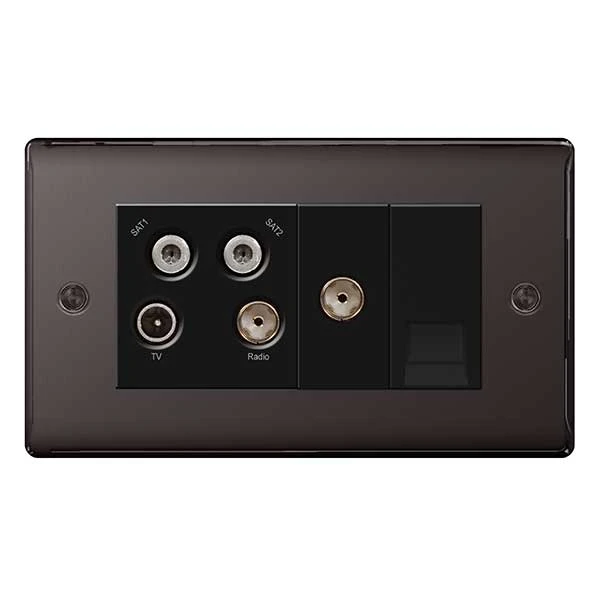 Nexus Metal Black Nickel Quadplex Tv/Fm/Satellite (X2) + Return & 1 Gang Telephone Screened Outlet