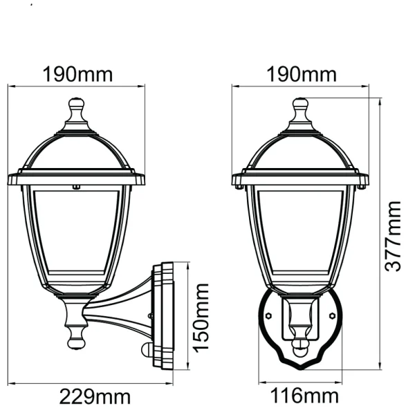 KSR KSR1513 Bastia 8W 4 Sided Upward Outdoor Wall Lantern With PIR Black - Image 3