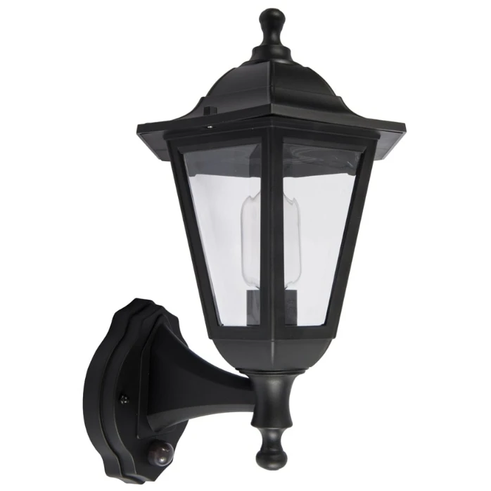 KSR Outdoor Wall Light Lantern 6Side 46W IP44 E27 NO Lamp PIR Black