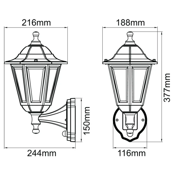 KSR KSR1517 Bastia 8W 6 Sided Upward Outdoor Wall Lantern with PIR Black - Image 3
