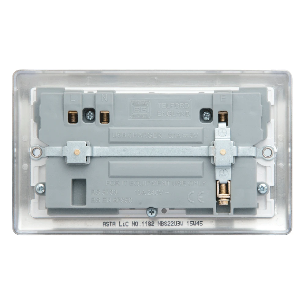 BG Nexus NBS22U3W Brushed Steel Switched Socket 2 Gang 13A 3.1A (White Insert) - Image 3
