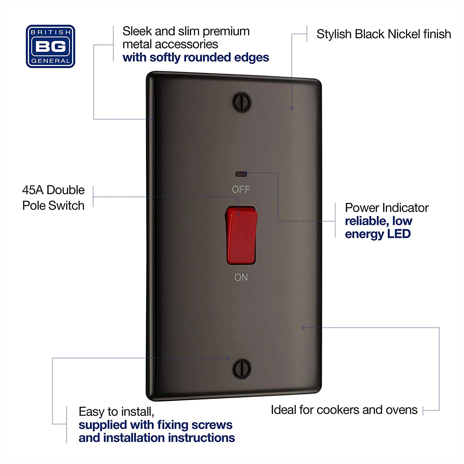 BG Nexus NBN72 Black Nickel Cooker Control Unit&Neon 45A - Image 4