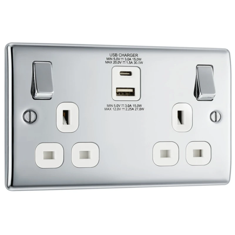 BG Nexus NPC22UAC30W Polished Chrome 13A 2 Gang Socket Grey Insert With USB C - 30W Fast Charge - Image 3