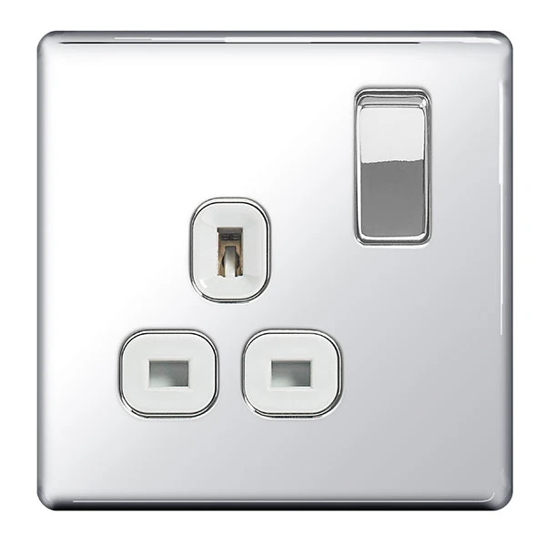 Polished Chrome Flatplate Screwless 13A 1 Gang White Insert Switched Socket Outlet - Image 3