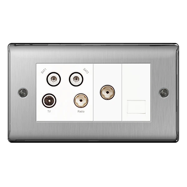 Nexus Metal Brushed Steel Quadplex Tv/Fm/Sat (X2) + Return & 1 Gang Telephone Screened Socket Outlet - Image 3