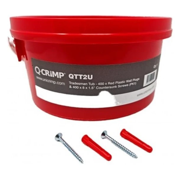 Unicrimp QTT2U Trade Tub - 400 x Red Plastic Wall Plugs & 400 x 8 x 1.5” Countersunk Screws - Image 3