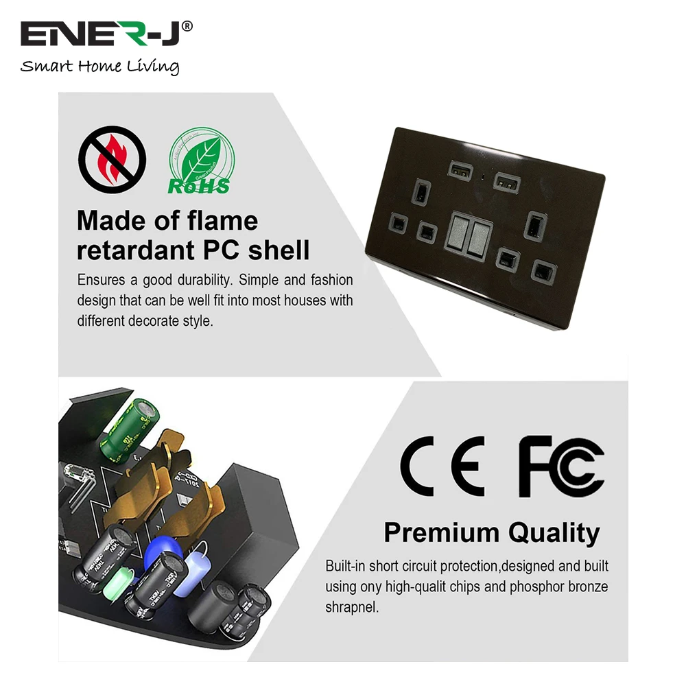 Ener-J SHA5282 13A Smart WiFi Twin Wall Sockets With 2 USB Ports - Black - Image 4