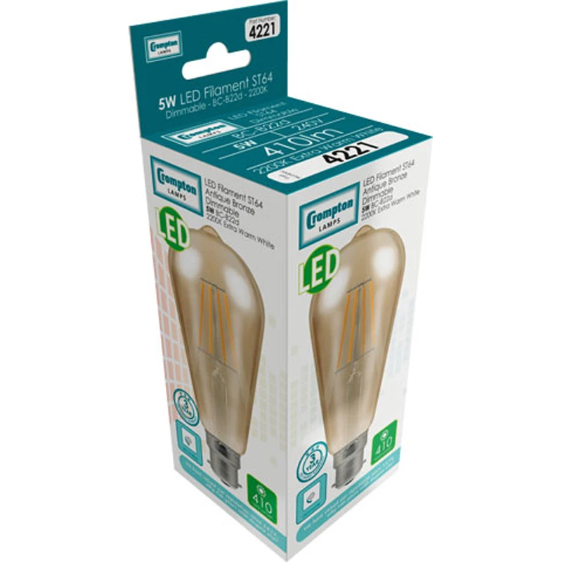 Crompton 4221 LED ST64 Filament Antique 5W Dimmable 2200K BC-B22d - Image 3