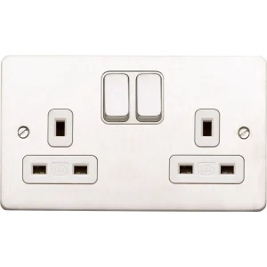 MK Socket 2 Gang Switched DP Dual Earth White Inserts 13A Brushed Stainless Steel