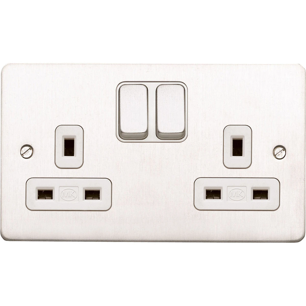 MK Socket 2 Gang Switched DP Dual Earth White Inserts 13A Brushed Stainless Steel