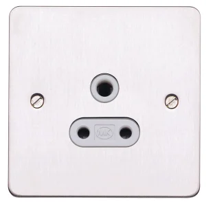MK Socket 1 Gang Unswitched 3 Pin Round 5A Brushed Stainless Steel White Insert