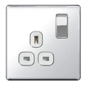 Polished Chrome Flatplate Screwless 13A 1 Gang White Insert Switched Socket Outlet