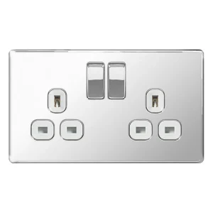 Socket Switched 2 Gang DP 13A Polished Chrome White Insert