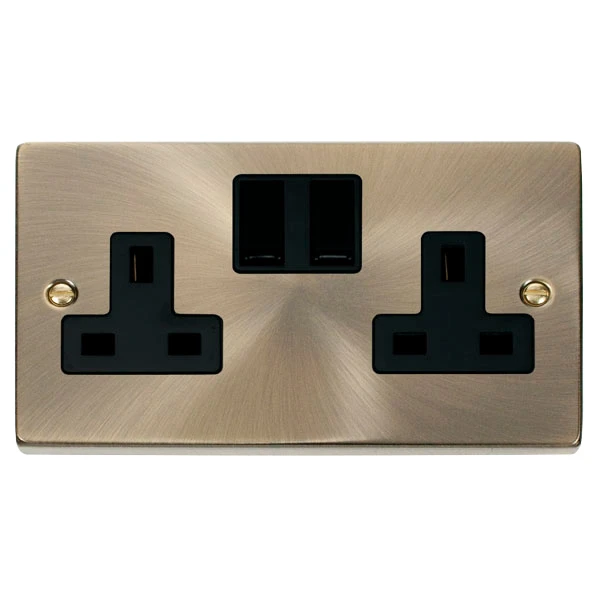 Socket 2 Gang Double Pole Switched 13A Antique Brass Black Insert Victorian - Image 2