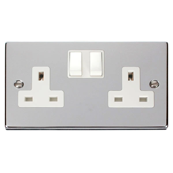 Socket 2 Gang DP Switched 13A Polished Chrome White Insert Victorian