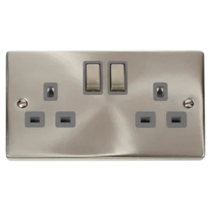 Deco Victorian Satin Chrome 13A Ingot 2 Gang Double Pole Switched Socket Outlet