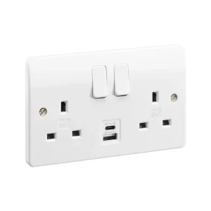 MK Socket 2 Gang Switched DP 2A 5V 25mm White 2 Port USB Type A + Type C Charger