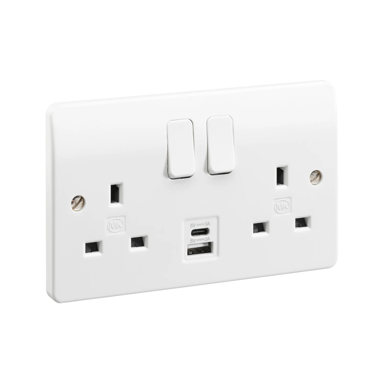 MK Socket 2 Gang Switched DP 2A 5V 25mm White 2 Port USB Type A + Type C Charger