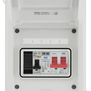 EV Consumer Unit in White  with 5 modules including T2 SPD, 100a Main Switch and 40A Type A DP RCBO.