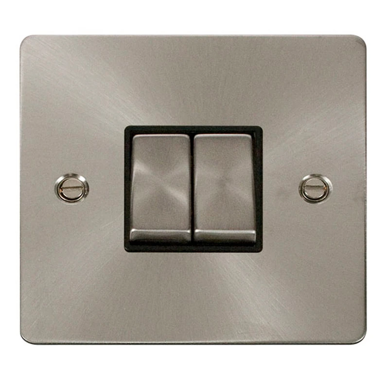 Plate Switch 2 Gang 2 Way 10A Brushed Stainless Black Insert