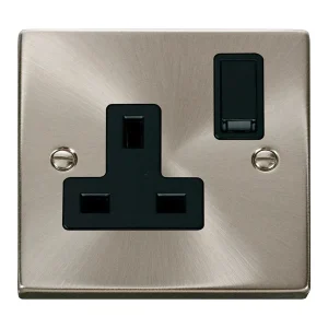 Socket 1 Gang DP Switched 13A Satin Chrome Black Insert Victorian