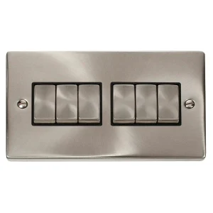 Plate Switch 6 Gang 2 Way Black Insert Victorian 10A Satin Chrome