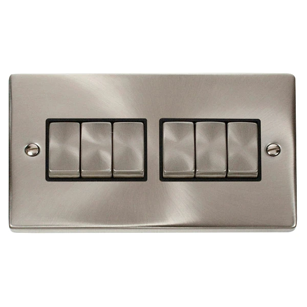 Plate Switch 6 Gang 2 Way Black Insert Victorian 10A Satin Chrome