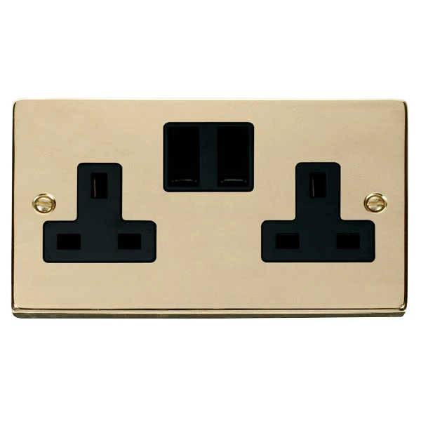 Socket 2 Gang DP Switched 13A Polished Brass Black Insert Victorian