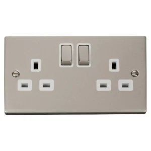 Socket Ingot 2 Gang DP Switched 13A Pearl Nickel White Insert Victoria