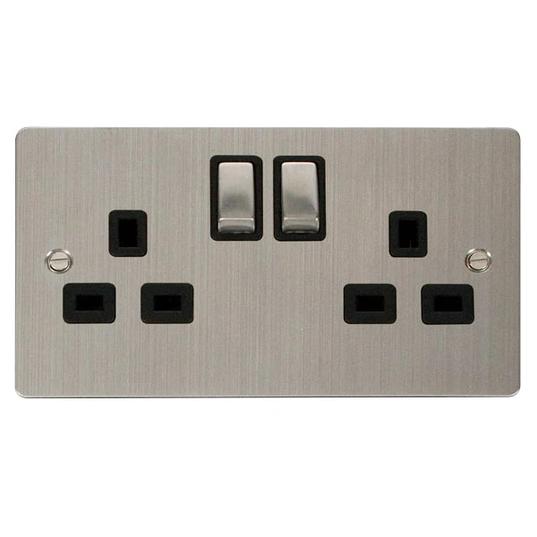 Socket 2 Gang DP Switched 13A Stainless Steel Black Insert - Image 2
