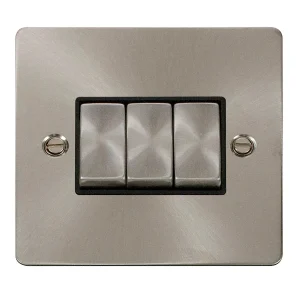 Plate Switch 3 Gang 2 Way 10A Brushed Stainless Black Insert