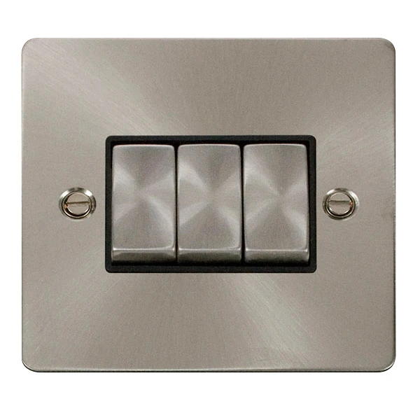 Plate Switch 3 Gang 2 Way 10A Brushed Stainless Black Insert