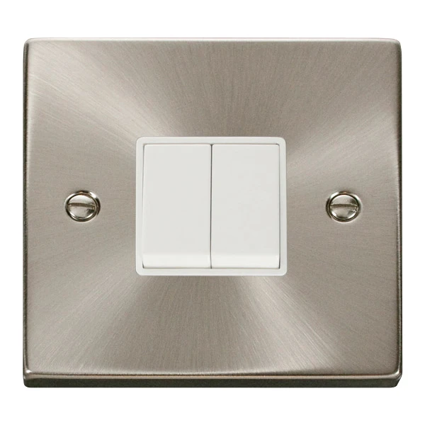 Plate Switch 2 Gang 2 Way 10A Satin Chrome White Insert Victorian