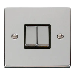Plate Switch 2 Gang 2 Way 10A Polished Chrome Black Insert Victorian