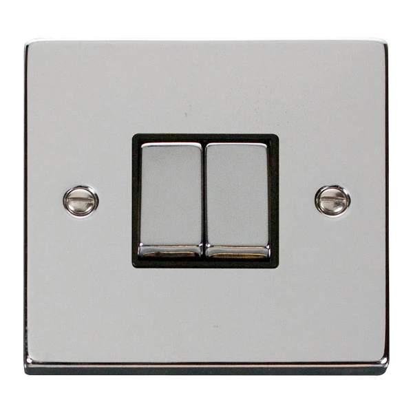 Plate Switch 2 Gang 2 Way 10A Polished Chrome Black Insert Victorian - Image 2
