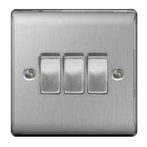 BG Nexus NBS43 Brushed Steel Plate Switch 3 Gang 2 Way 10AX