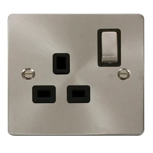 Socket 1 Gang Double Pole Switched 13A Brushed Stainless Black Insert