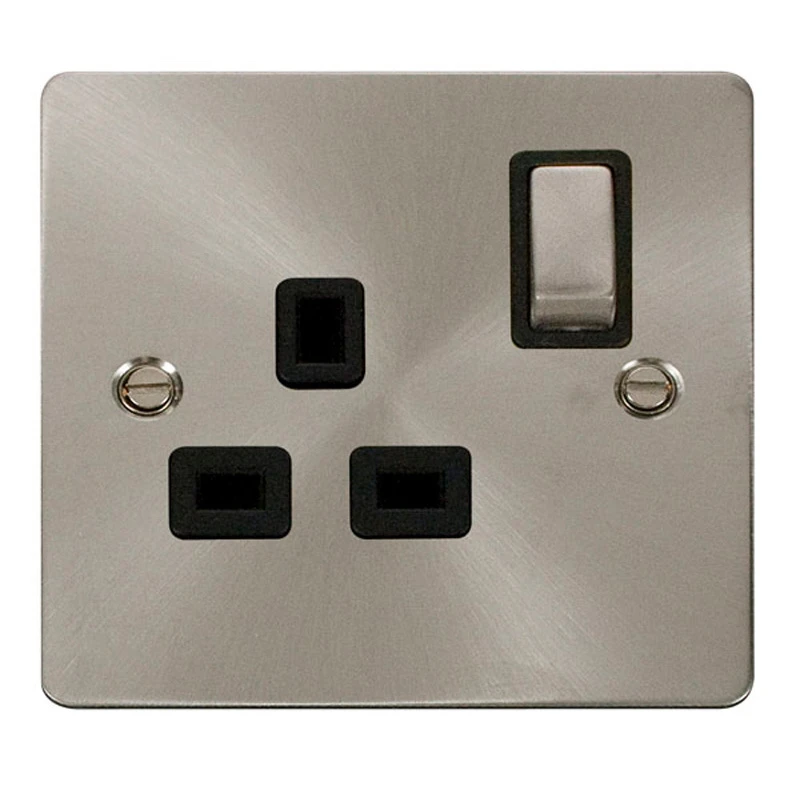 Socket 1 Gang Double Pole Switched 13A Brushed Stainless Black Insert