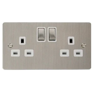 Socket 2 Gang Double Pole Switched 13A Stainless Steel White Insert