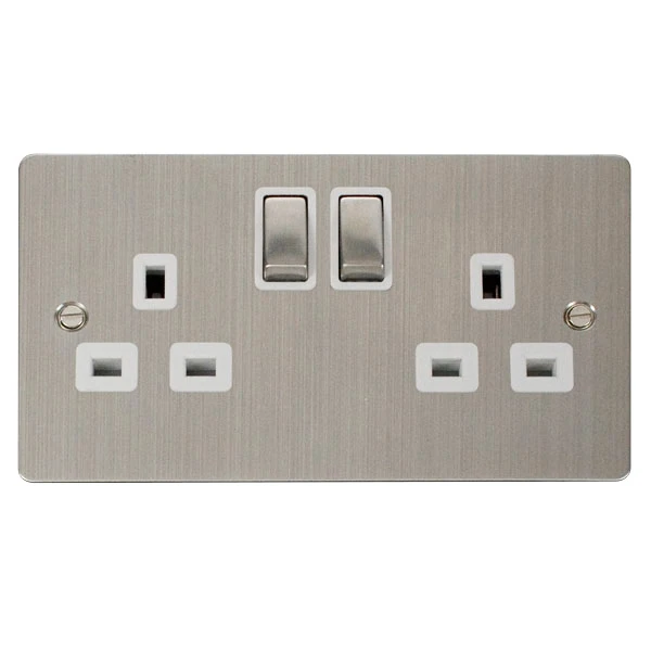 Socket 2 Gang Double Pole Switched 13A Stainless Steel White Insert