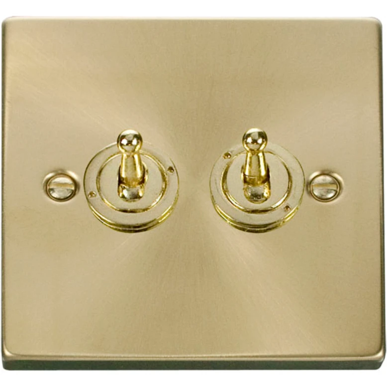 Victorian Satin Brass 10AX 2 Gang 2 Way Toggle Plate Switch