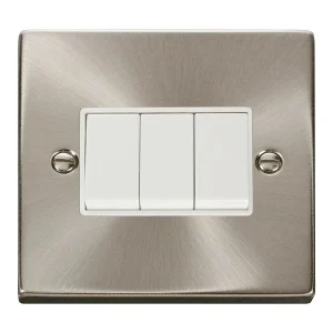 Plate Switch 3 Gang 2 Way 10A Satin Chrome White Insert Victorian