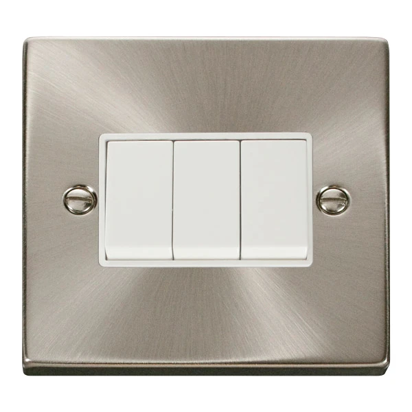 Plate Switch 3 Gang 2 Way 10A Satin Chrome White Insert Victorian - Image 2