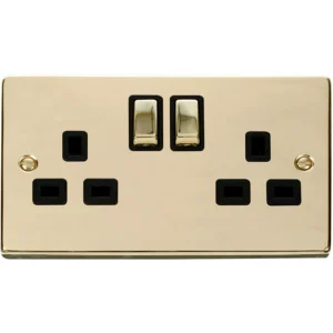 Victorian Polished Brass Black Insert 13A Ingot 2 Gang Double Pole Switched Socket Outlet