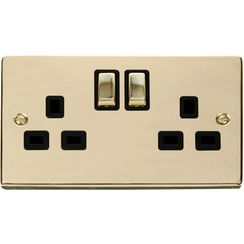Victorian Polished Brass Black Insert 13A Ingot 2 Gang Double Pole Switched Socket Outlet