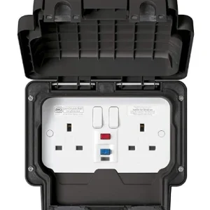 MK Weatherproof Socket 2 Gang 13A RCD Switched Latching Grey