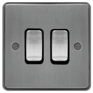 Plate Switch 2 Gang 2 Way 10AX Brushed Steel Black Insert