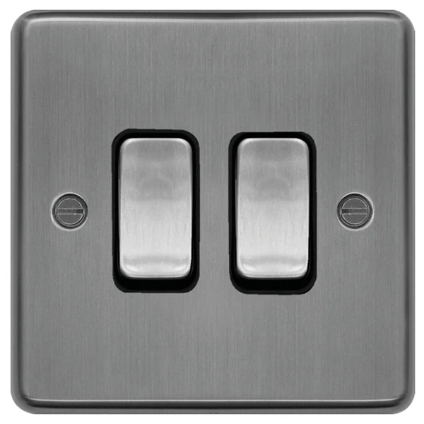 Plate Switch 2 Gang 2 Way 10AX Brushed Steel Black Insert - Image 2